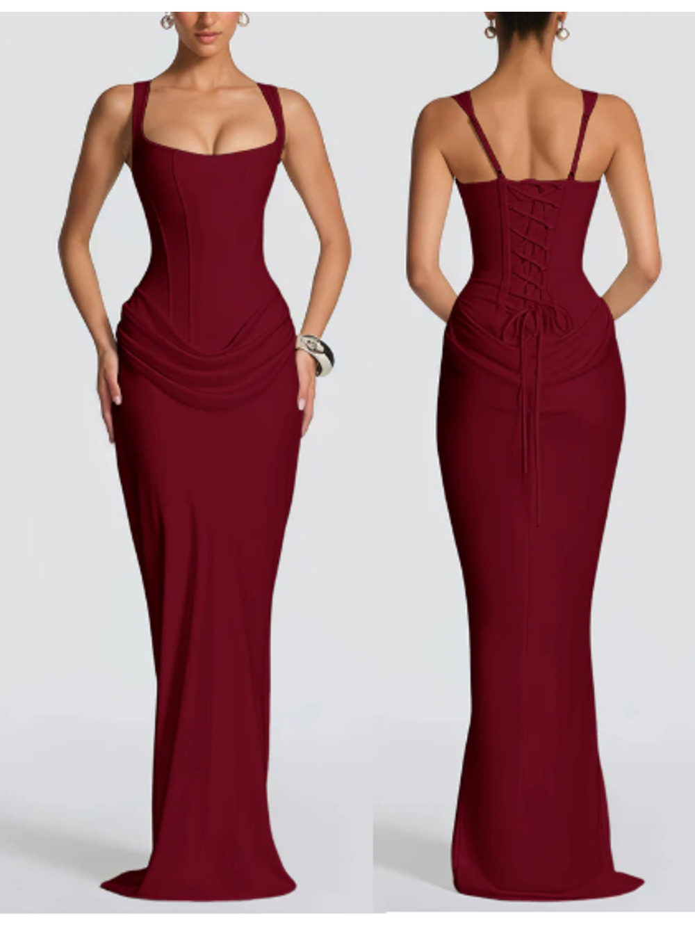 NWT Miss Rosier Paulette Ruched Lace-Up Back Corset Maxi Dress Red Womens Large